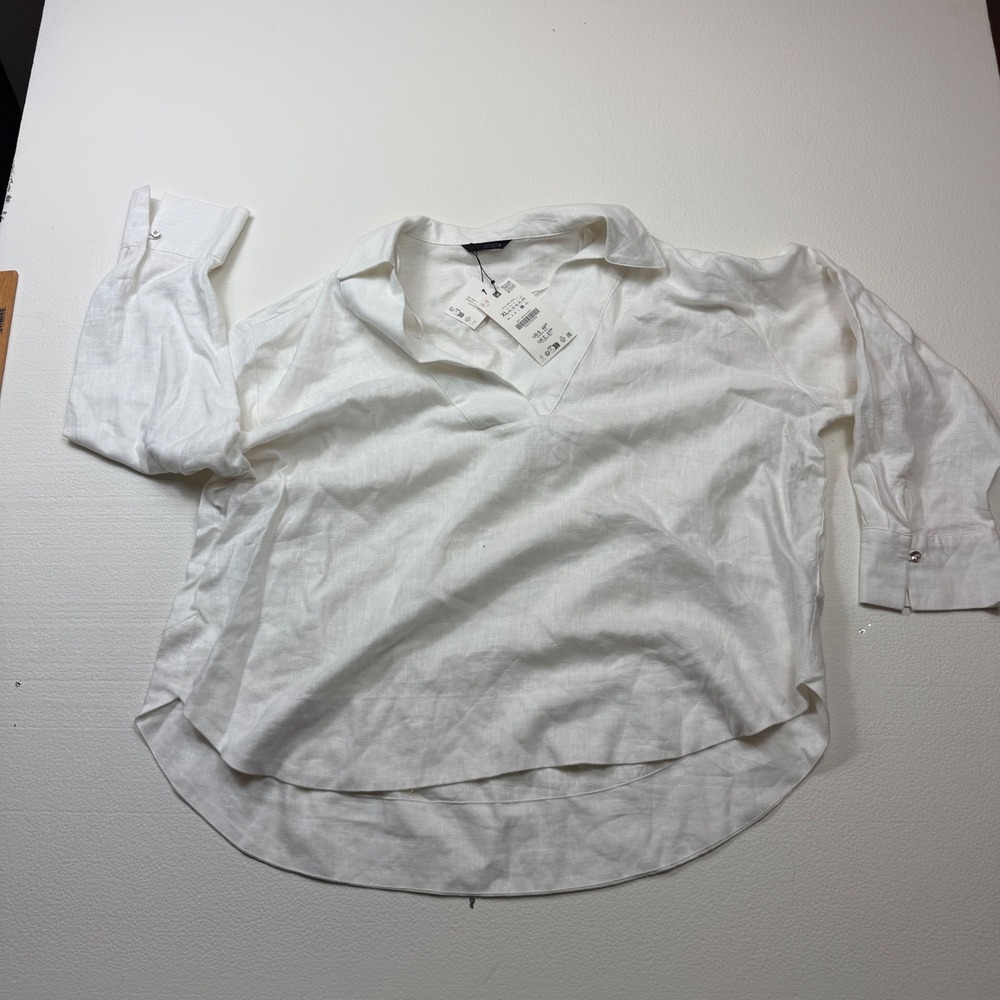 Zara Women White Linen Blend V-Neck Oversized Blouse Top 4387/072 Size XL NEW